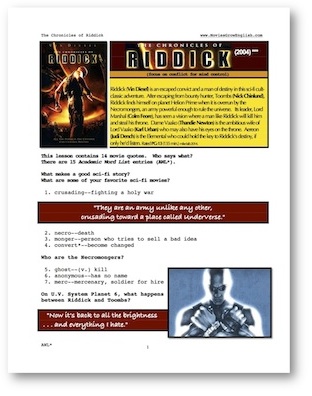 Cover page for whole-movie ESL lesson for Chronicles of Riddick atn Movies Grow English